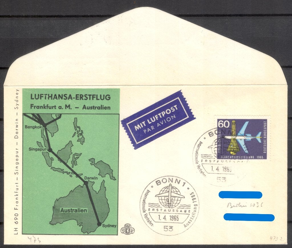 Lufthansa vlucht LH960 - Singapore - Darwin - Sydney 1965, Verzenden, Envelop
