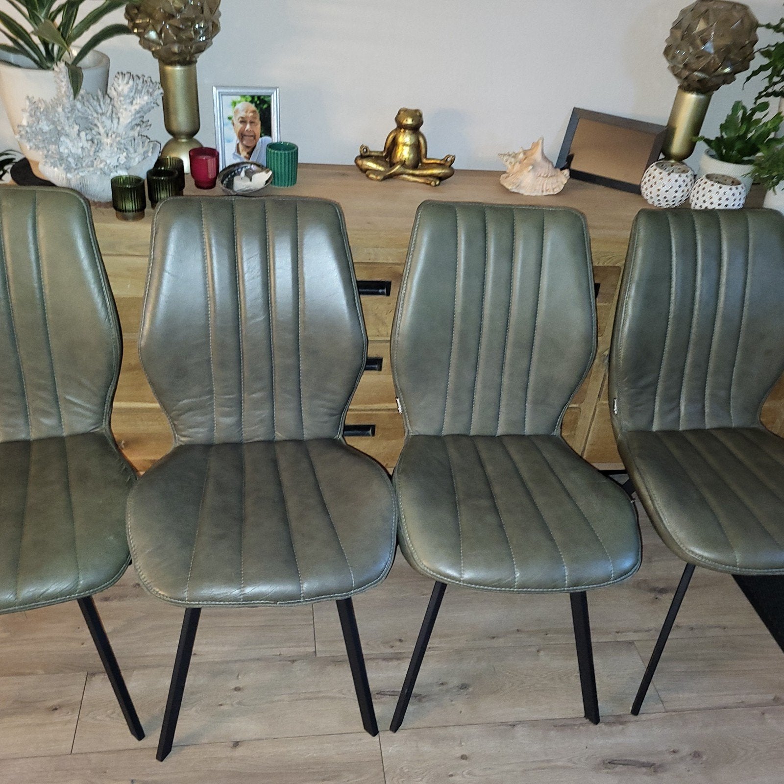 De Bommel 4 eetkamerstoelen olijf groen echt leer stoelen, Huis en Inrichting, Stoelen, Ophalen, Overige kleuren, Zo goed als nieuw