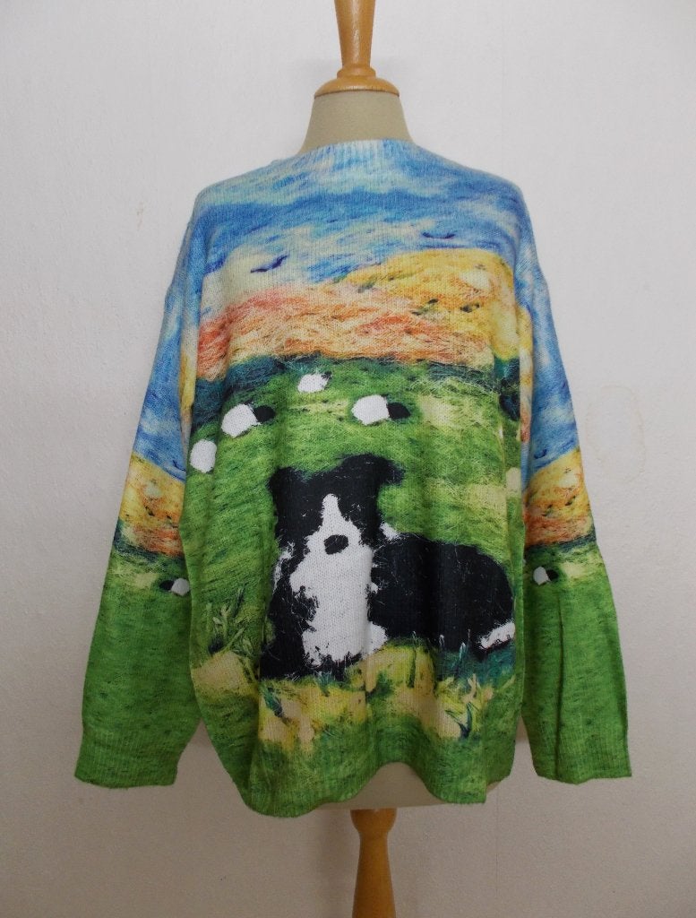 Zacht/soepele trui met bordercollie en schaapjes print! XL, Verzenden, Nieuw, Maat 46/48 (XL) of groter, Meerkleurig