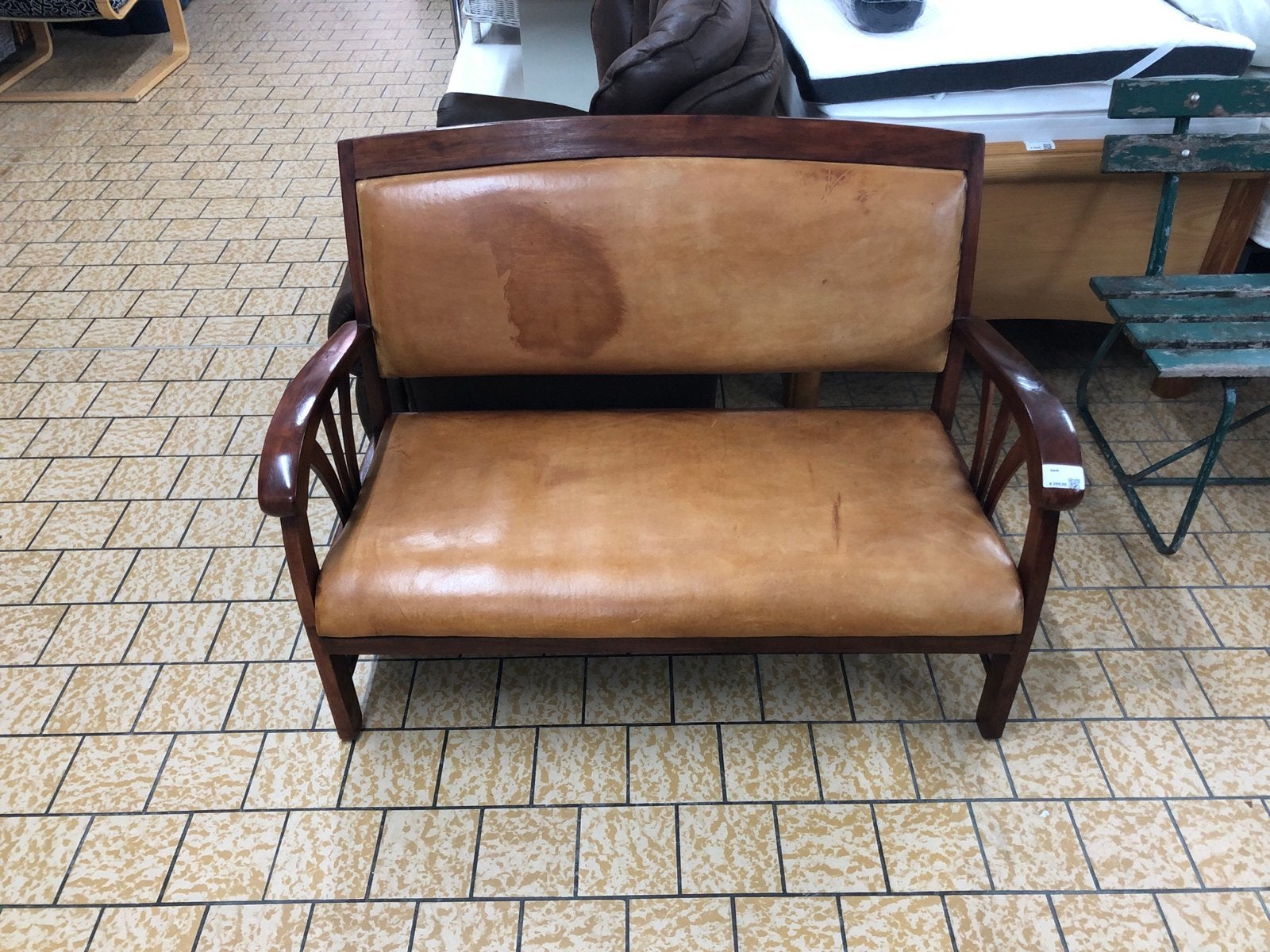 Vintage Bankje met Leren Bekleding, Ophalen