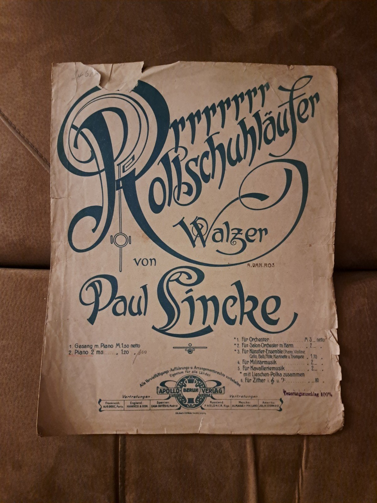 Antiek bladmuziek Paul Lincke - Rollschuh-Läufer Walzer, Gebruikt, Klassiek, Ophalen of Verzenden, Artiest of Componist