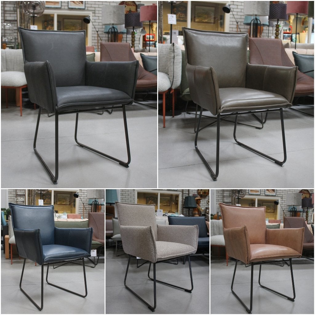 5x luxe eetkamerstoel Sanne Jess metaal leer stof sledeframe