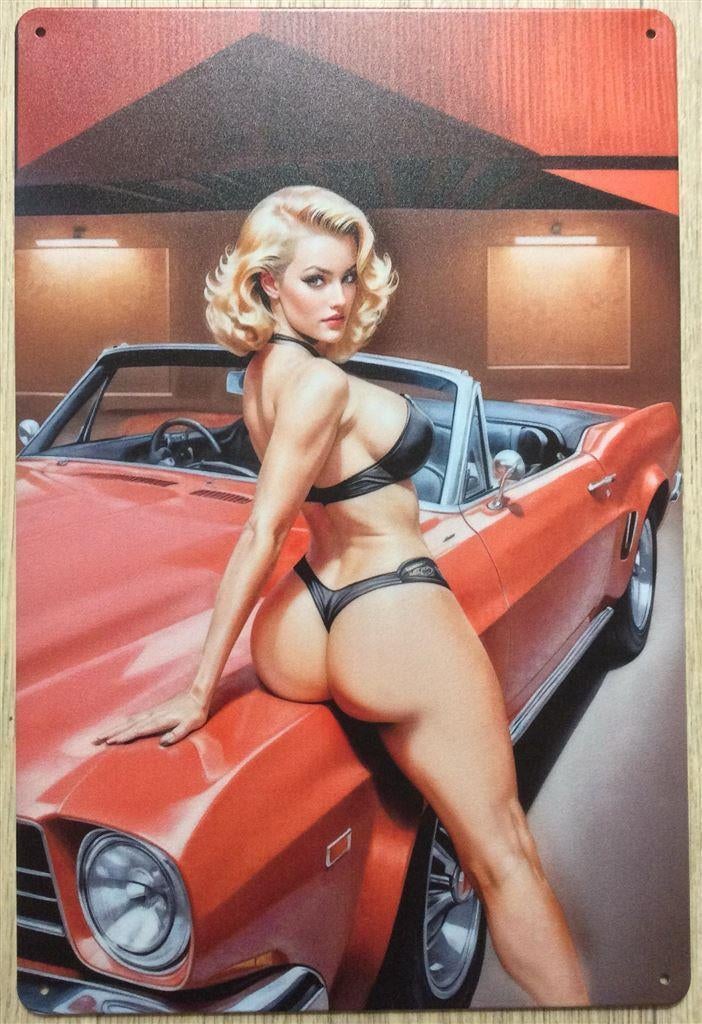 Sexy Lingerie Pin Up girl op Auto metalen wandbord, Ophalen of Verzenden, Nieuw