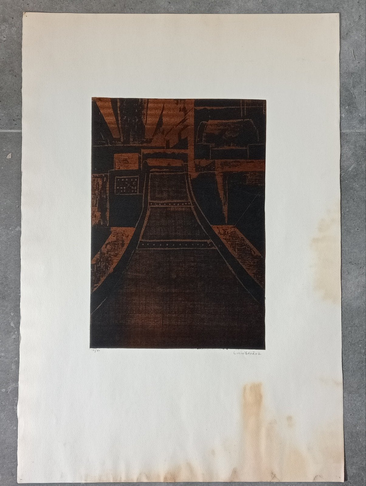 Lucio Munoz Houtgrafiek - Abstracte Compositie (40x60cm), Ophalen of Verzenden, Houtsnede, Gesigneerd, 1950 - 1999