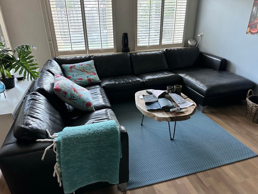 Luxe Zwarte Leren Hoekbank met Chaise Longue van Montel, Huis en Inrichting, Banken | Bankstellen, Ophalen, Gebruikt, 100 tot 125 cm