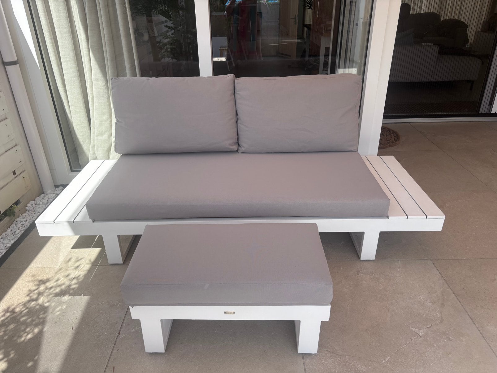 Mooie lounge bank van wit aluminium met hocker, Ophalen, Zo goed als nieuw, Aluminium, Hocker