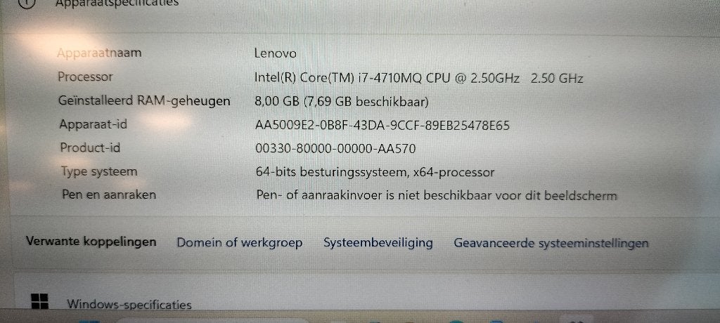 Lenovo Laptop i7-4710MQ, 8GB RAM, 238GB opslag, Gebruikt, 2 tot 3 Ghz, 15 inch, 8 GB