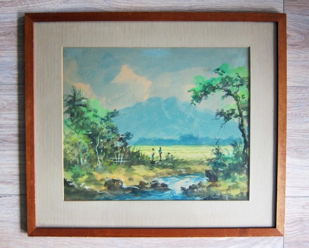 Charmante aquarel/ gouache van 2 jongens bij een beek, 44x38, Ophalen