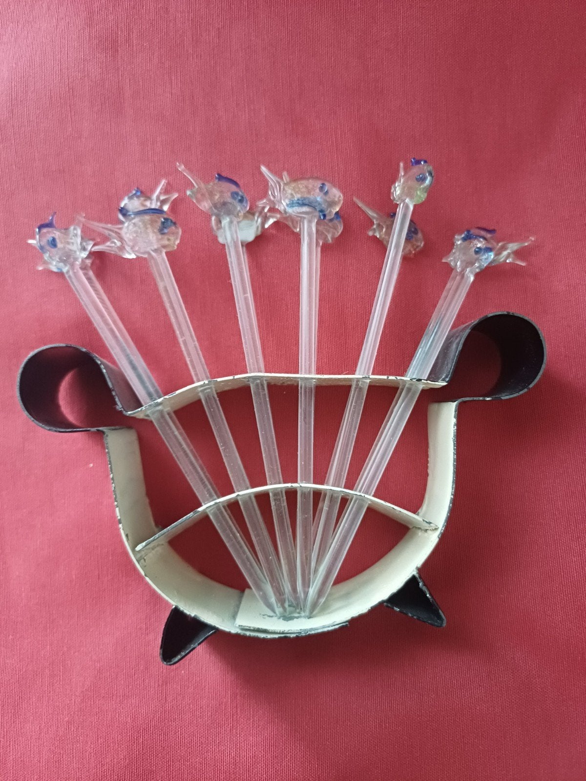 Vintage cocktailprikkers met vissen, set van 7, Huis en Inrichting, Ophalen of Verzenden, Overige materialen, Gebaksvork