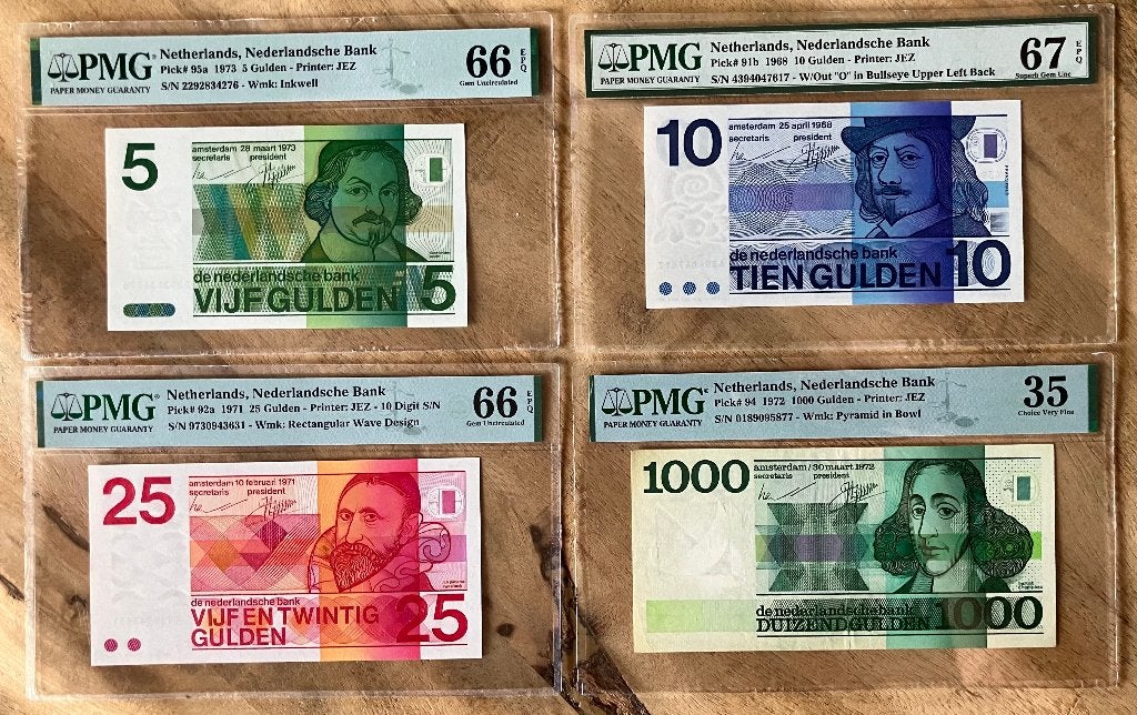 5 gulden, 10 gulden, 25 gulden en 1000 gulden PMG, Ophalen, 1000 gulden, Setje