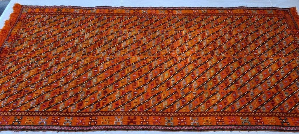 Soumak kelim Perzische tapijt 258 x 125/wandkleed/tafelkleed, 100 tot 150 cm, Www.simatapijten.nl, Ophalen of Verzenden, Info@simatapijten.nl