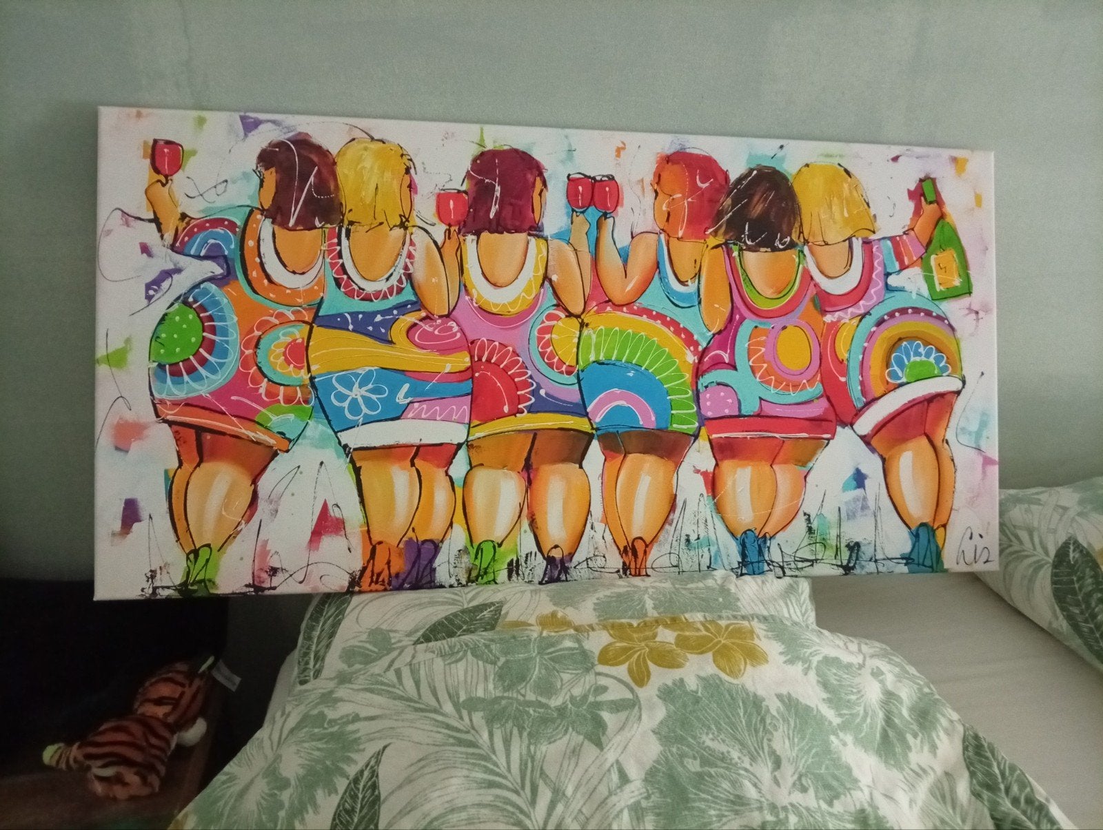 Vrolijk schilderij dikke dames met wijn, Antiek en Kunst, Kunst | Schilderijen | Modern, Ophalen, Op houten frame, Textiel, Figuren