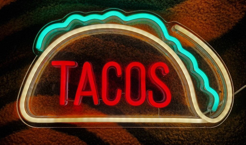 Led neonbord met de tekst TACOS, Ophalen, Gebruikt, Lichtbak of (neon) lamp