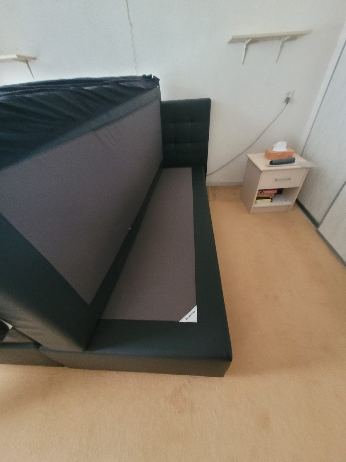 Tweepersoons boxspring met matras en hoofdbord, Ophalen, Gebruikt, Zwart, Tweepersoons