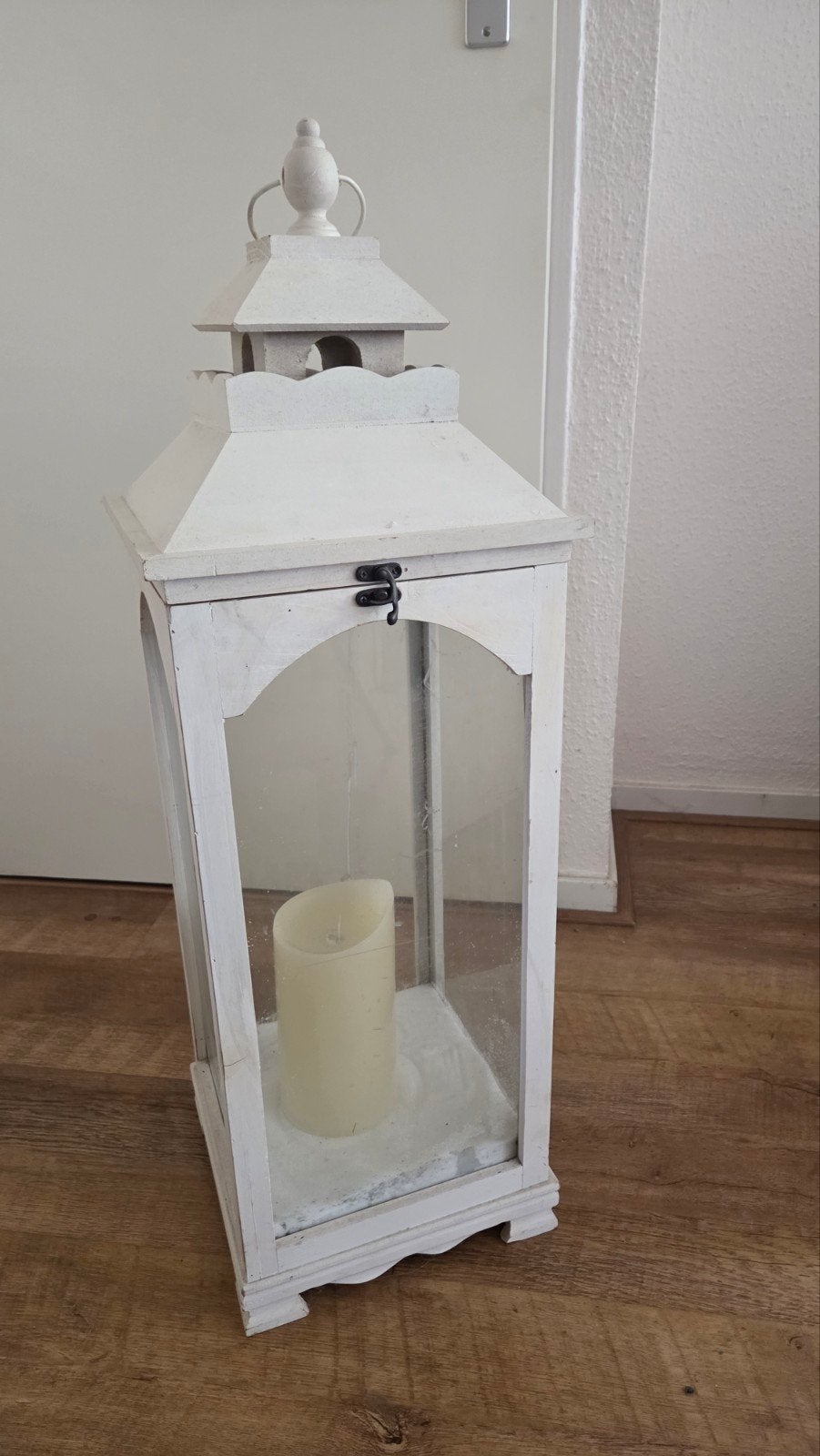 Witte houten lantaarn met kaars, Huis en Inrichting, Ophalen, Hout, Gebruikt, Landelijk