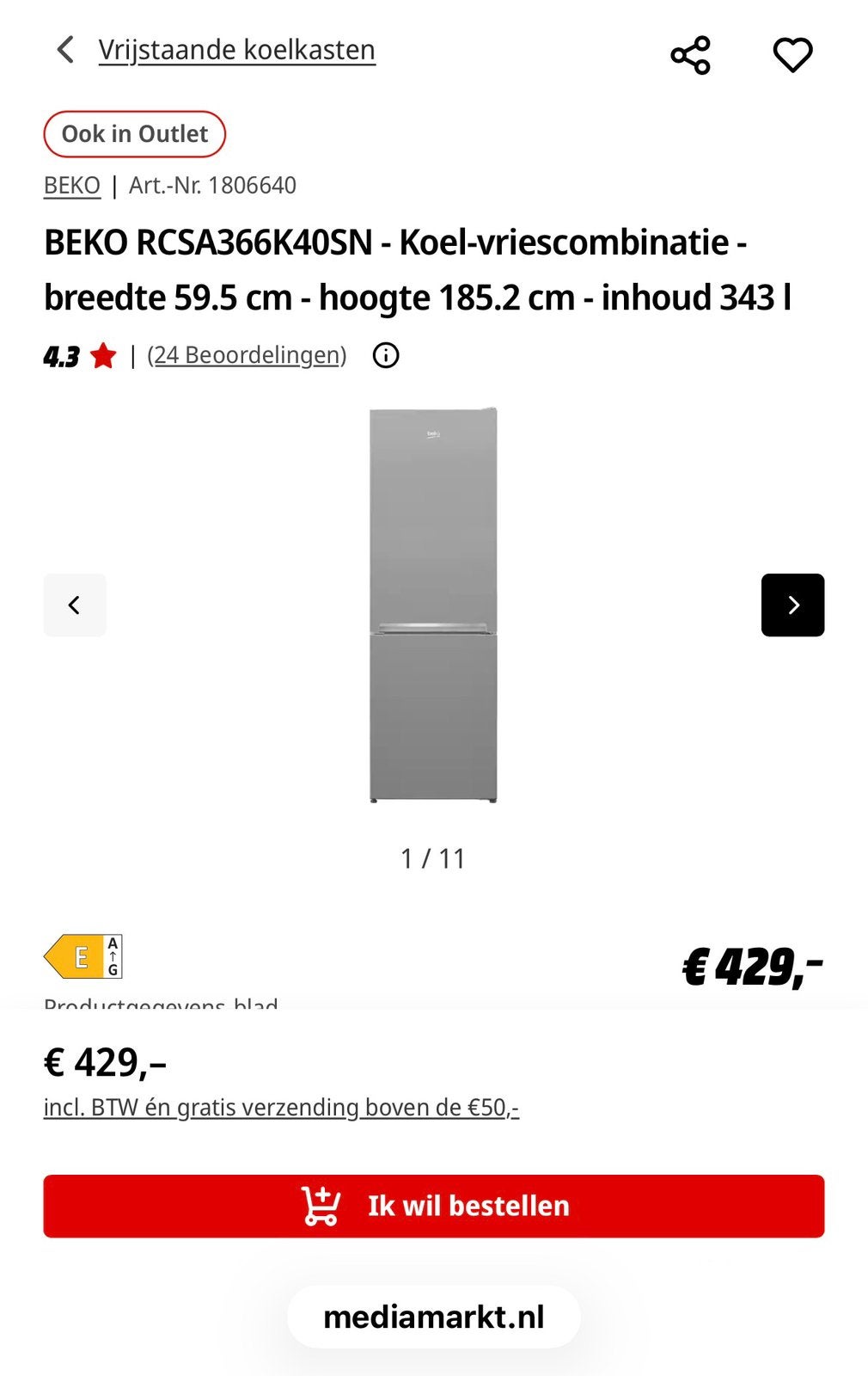 Fridge, Ophalen, 50 tot 100 cm, Zo goed als nieuw, 150 tot 200 cm