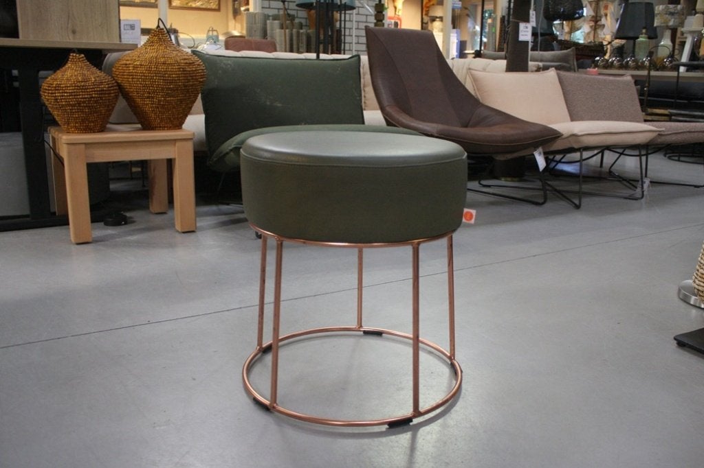 Ronde poef hocker CODY Jess Design koper leer olijfgroen, Minder dan 50 cm, Rond, Minder dan 50 cm, Ophalen of Verzenden