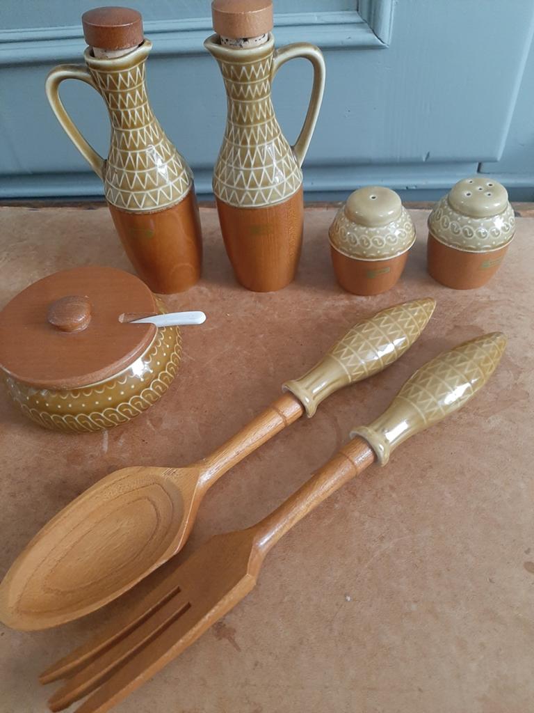 Jaren 70 tafelset/ olie,azijn,peper en zout ,slacouvert, Ophalen of Verzenden
