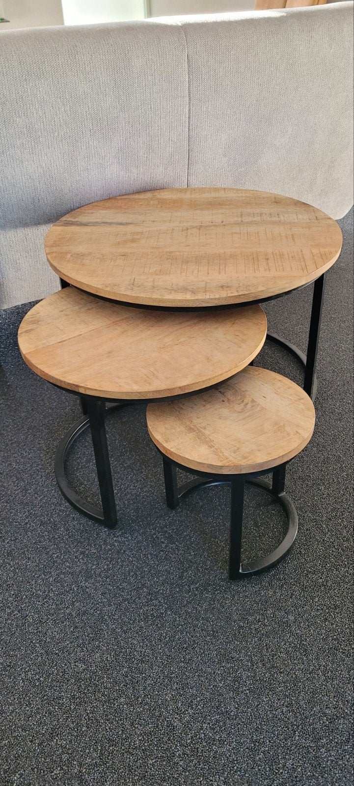 Set van 3 ronde salontafels, mangohout en metaal, 50 tot 100 cm, Modern, Industrieel, Rond, 50 tot 100 cm