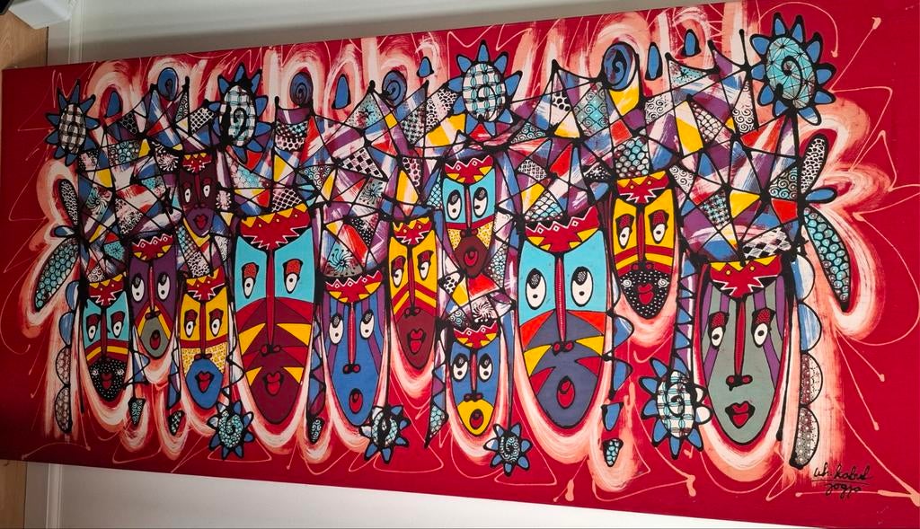 Uniek Javaans doek: Kleurrijk kunstwerk op hout gespannen, Antiek en Kunst, Ophalen