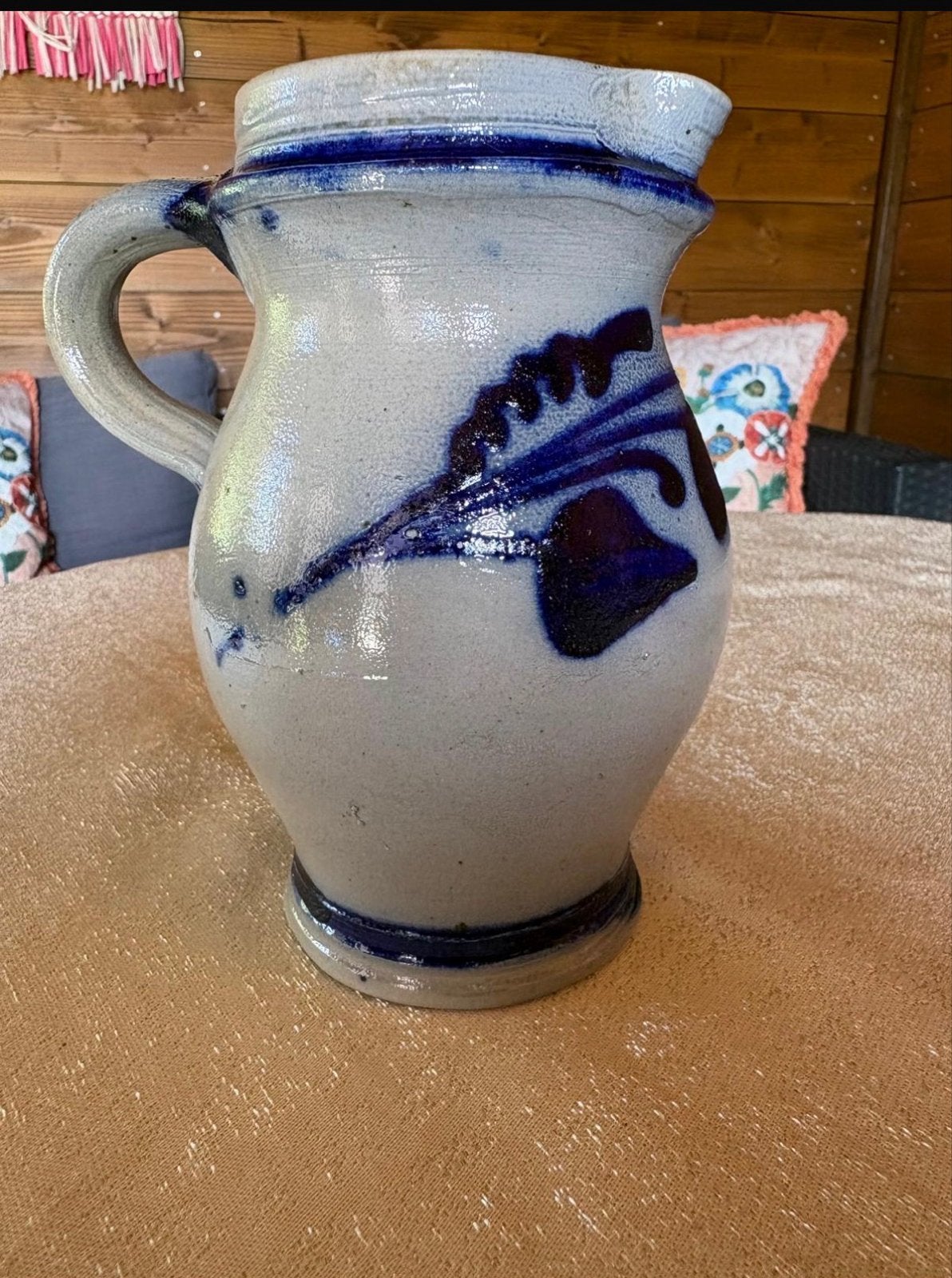 Vintage Keramische Kruik met Blauw Decor, Ophalen