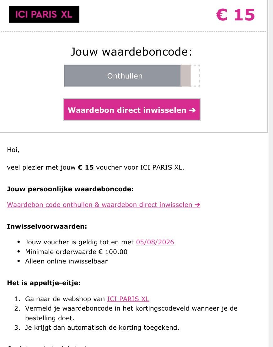 ICI PARIS 15 euro kortingsbon, Eén persoon, Kortingsbon, Warenhuis- of Winkelbon