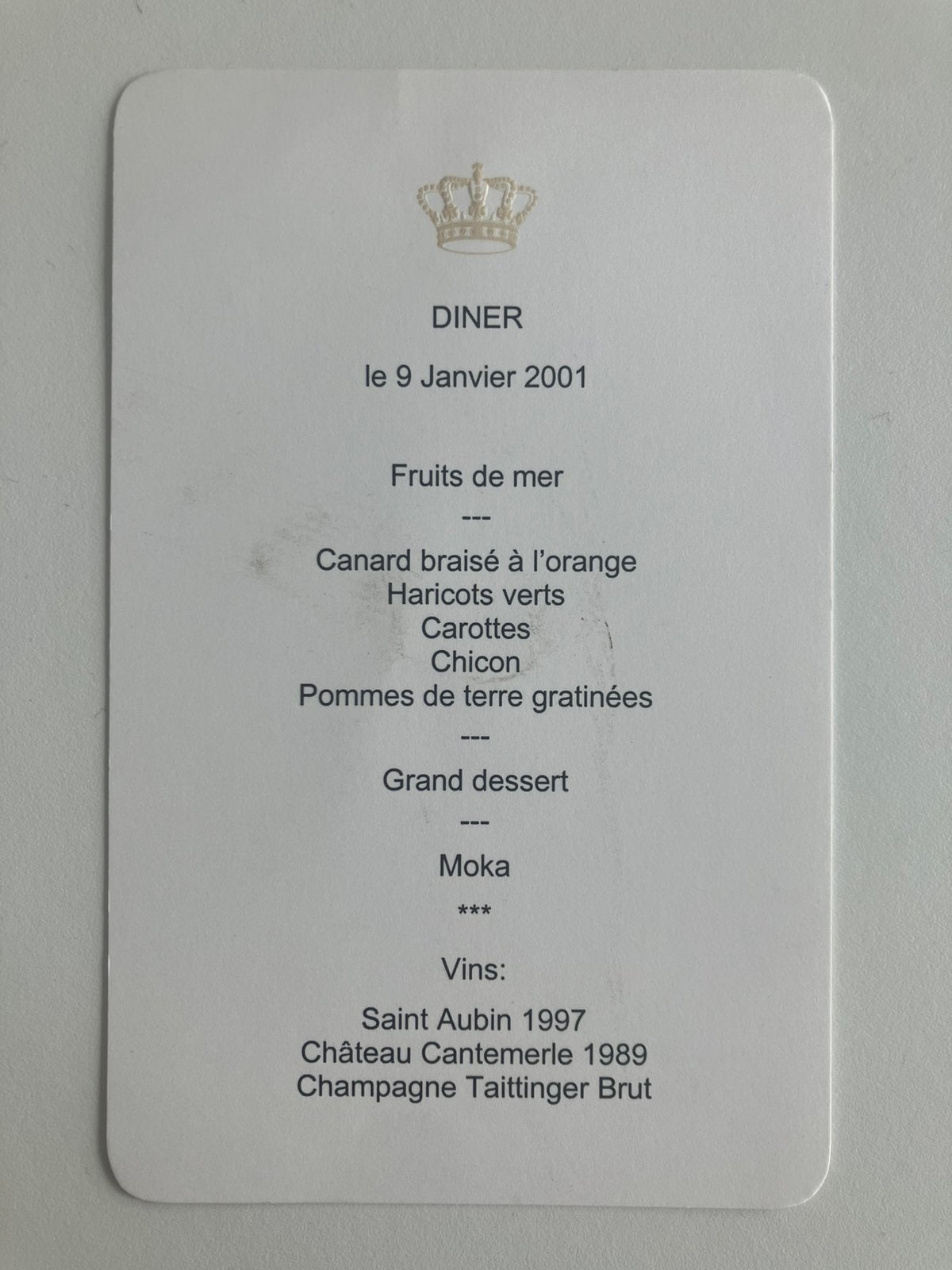 Menukaart diner 9-01-2001, Koningin Beatrix, Ophalen of Verzenden, Gebruikt, Kaart, Foto of Prent