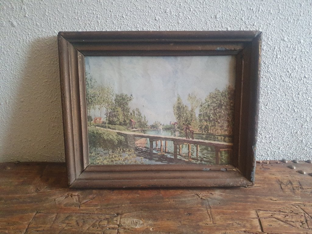 Vintage achter glas ingelijste prent Frans kanaal, Verzamelen, Natuur, Gebruikt, Ophalen of Verzenden, Voor 1940