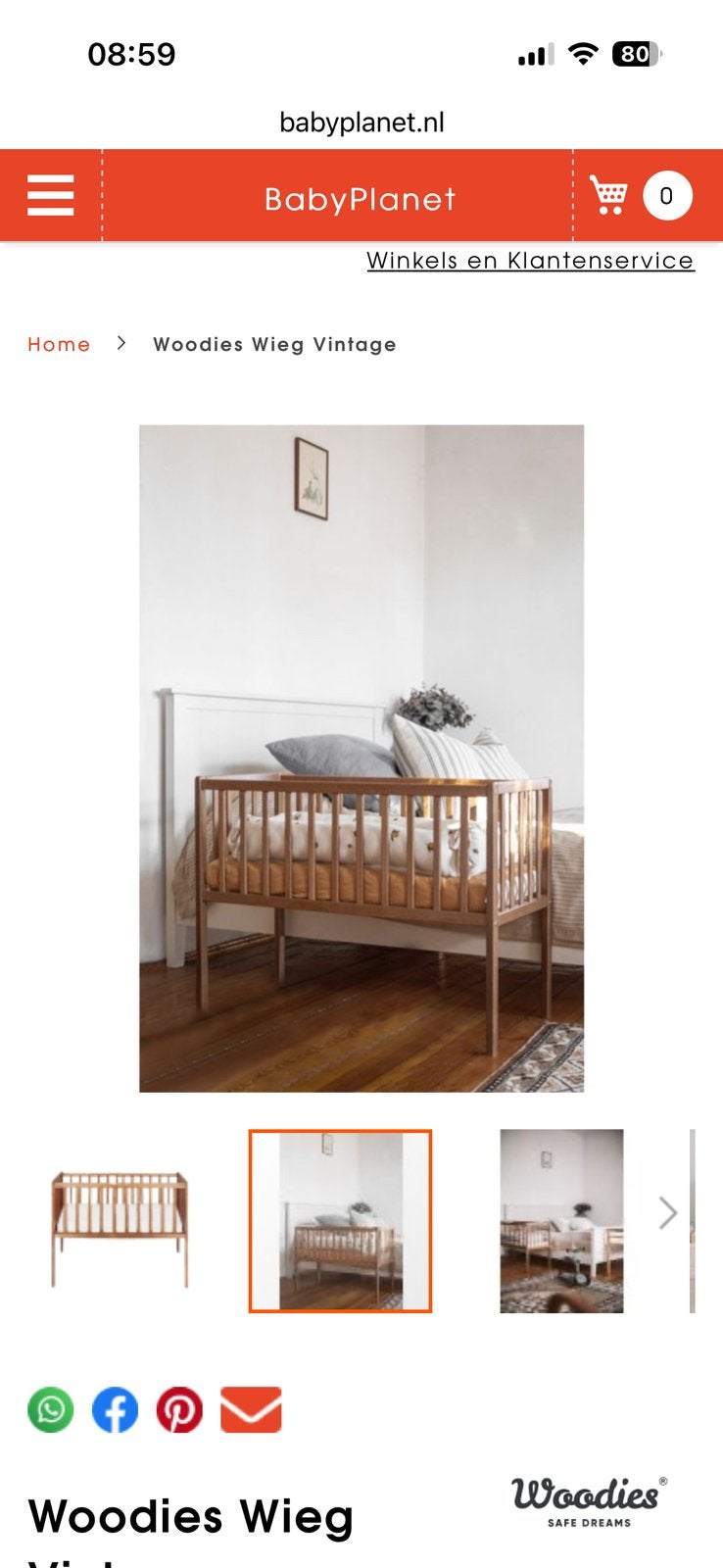 Wieg van Woodies, inclusief aerosleep matras, Kinderen en Baby's, Ophalen, Zo goed als nieuw, Jongetje of Meisje