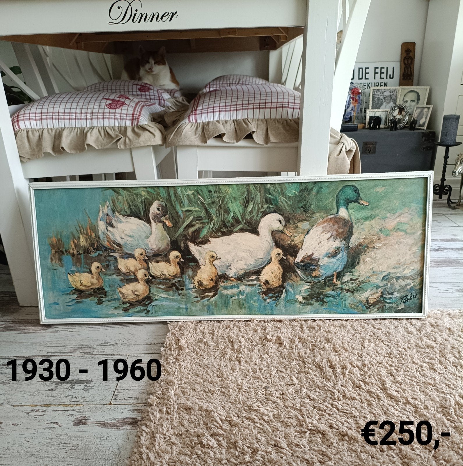 Schilderij Eendenfamilie aan het water, gesigneerd, Ophalen