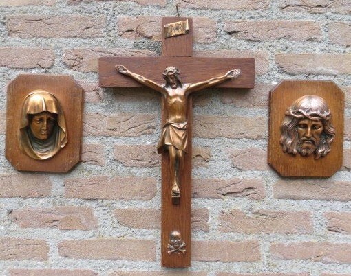 Kruibeeld  Jezus aan het kruis met 2 koppen Jezus en Maria, Ophalen of Verzenden