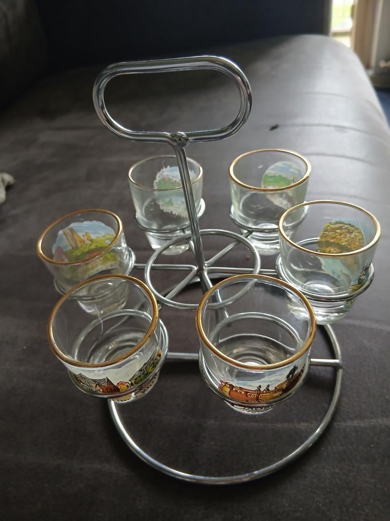 Rvs caroussel met 6 borrelglaasjes, Verzamelen, Glas en Borrelglaasjes, Ophalen of Verzenden, Zo goed als nieuw, Borrel- of Shotglas
