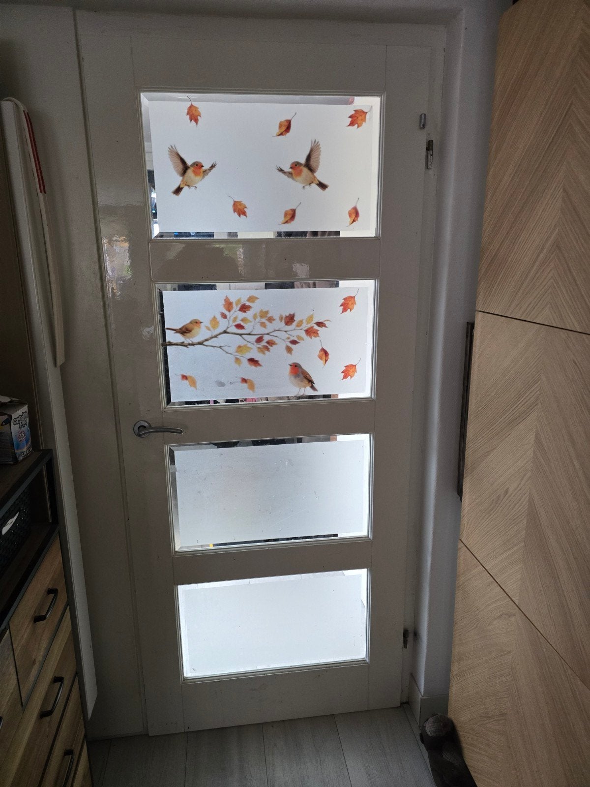 OpdekBinnendeurmet glaspanelen en vogelstickers, 83 x 201, Doe-het-zelf en Verbouw, Ophalen, Gebruikt, 80 tot 100 cm, Binnendeur