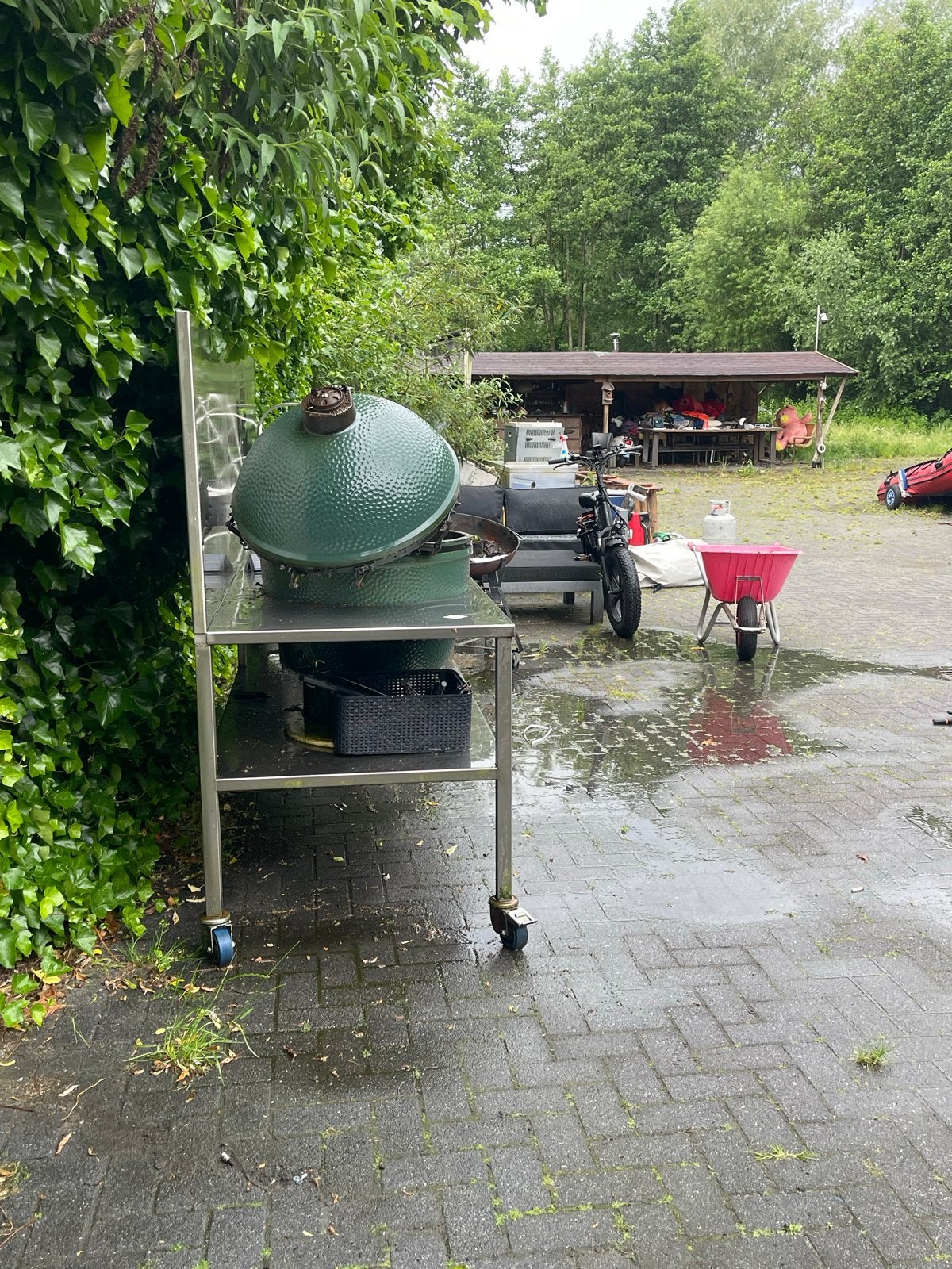 Big Green Egg met RVS buitenkeuken en spoelbak, Ophalen, Gebruikt, Houtskool, Vrijstaand