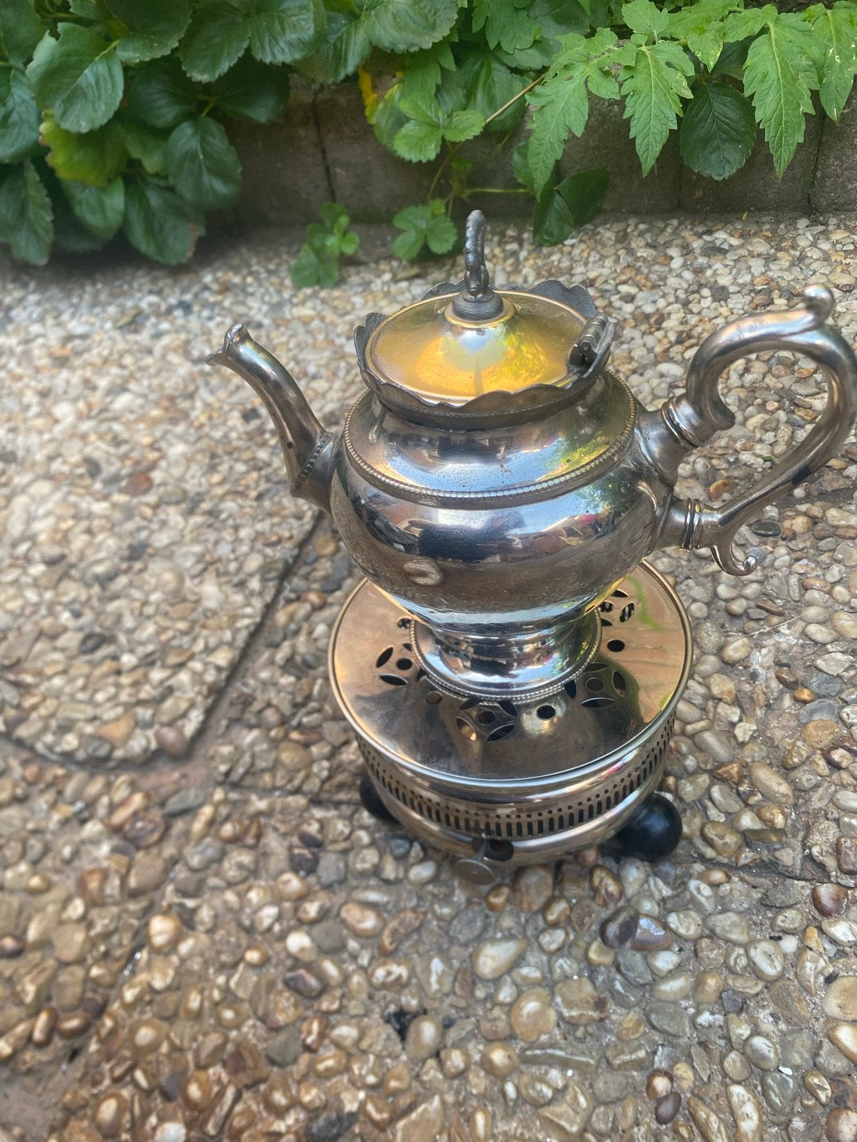 Antieke verzilverde theepot met rechaud, Ophalen of Verzenden, Zilver