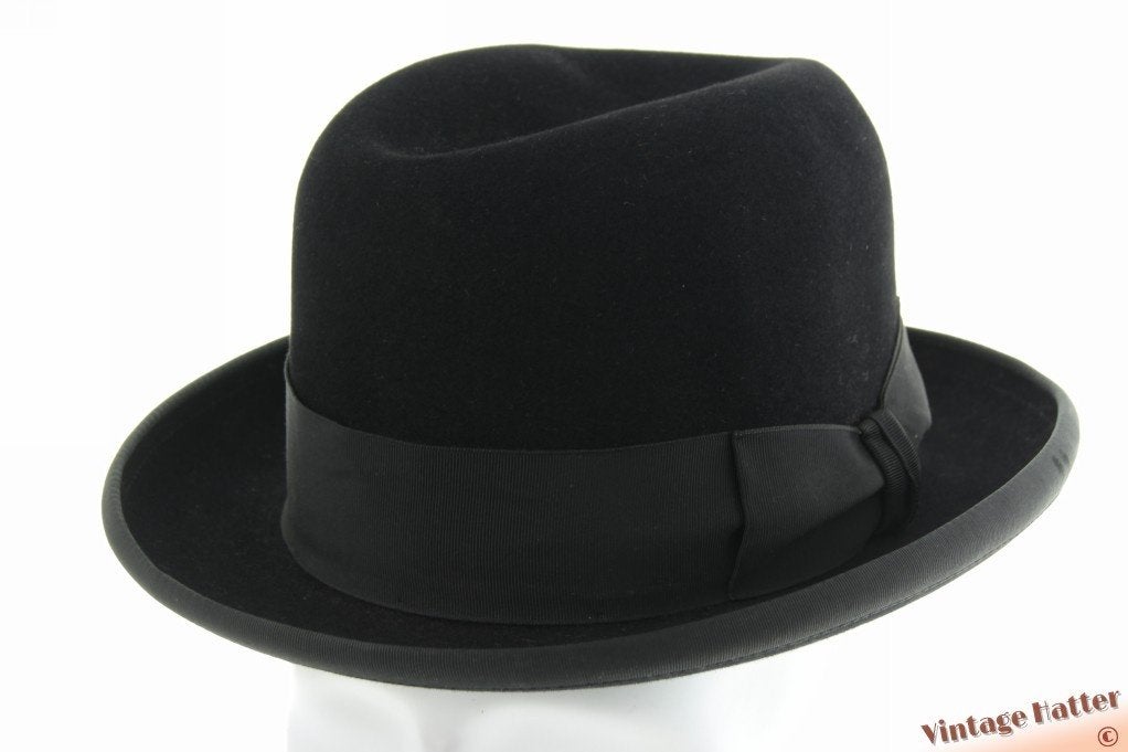 Vintage Homburg hoed Firenzi zwart geborsteld vilt 56, Hoed, Ophalen of Verzenden, 57 cm (M, 7⅛ inch) of minder, Gedragen