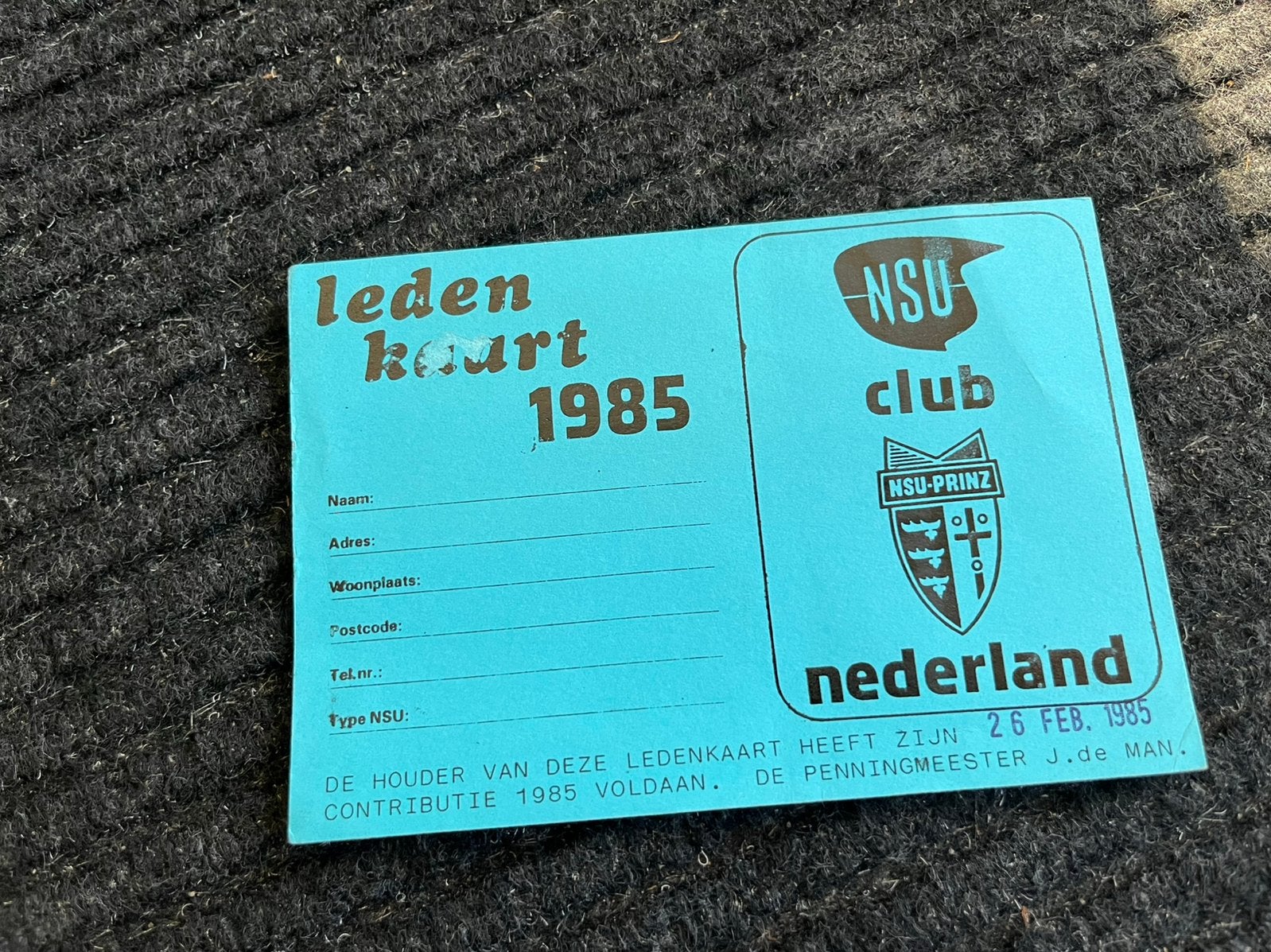 Blanco ledenkaart NSU club nederland 1985, Ophalen of Verzenden