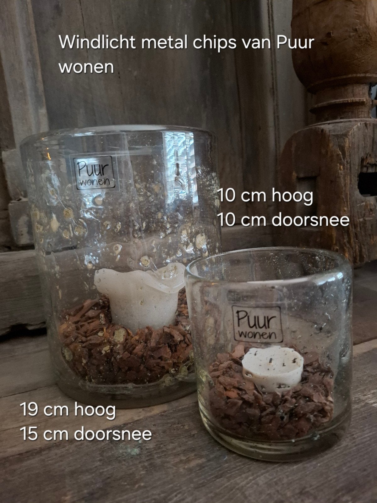 Twee windlichten metal chips van Puur wonen

De kleine 10cm, Ophalen