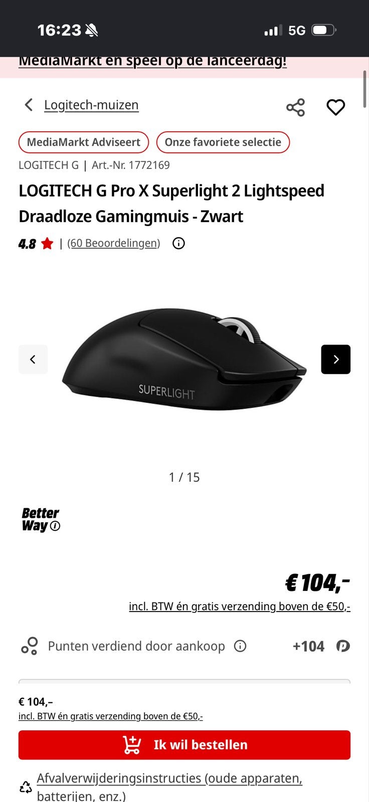 Logitech G Pro X Superlight 2 Gaming Muis Zwart - Nieuw, Computers en Software, Muizen, Ophalen, Muis, Gaming muis, Nieuw