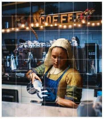 IXXI Wanddecoratie 'Het Melkmeisje Barista' - 140x160cm, 140 cm, Schilderij, Meerkleurig, Ophalen of Verzenden