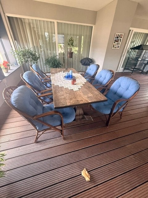 Te koop Rotan terrasstoelen met dikke kussens, Tuin en Terras, Ophalen, Gebruikt, Hout
