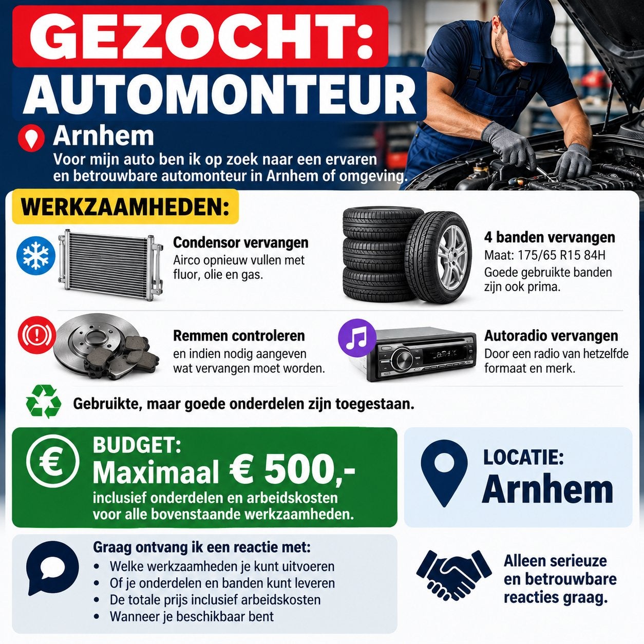 Gezocht automonteur in Arnhem, Ophalen of Verzenden