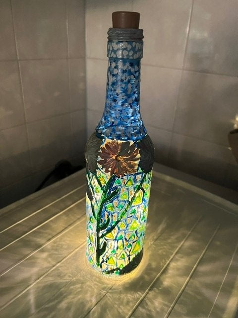 Fles beschilderd bloementafereel met verlichting, Ophalen of Verzenden