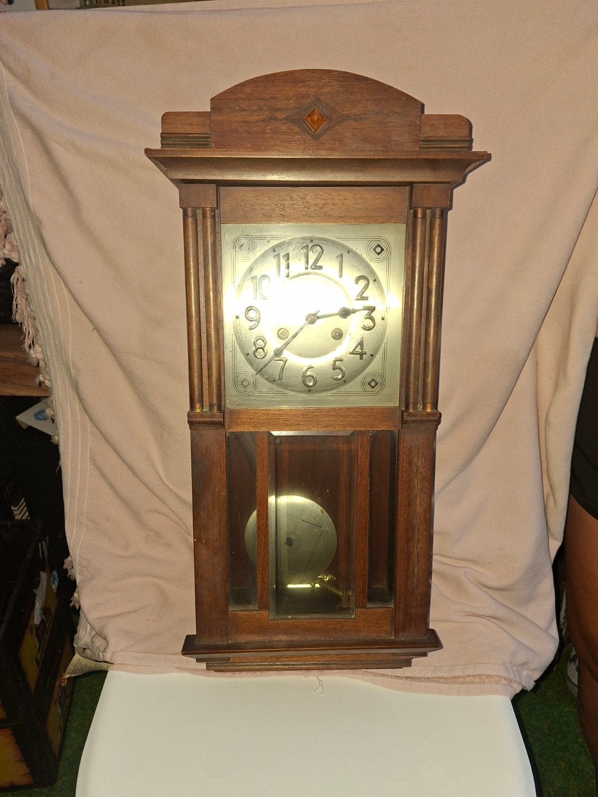 Antieke houten wandklok met slinger, Ophalen of Verzenden
