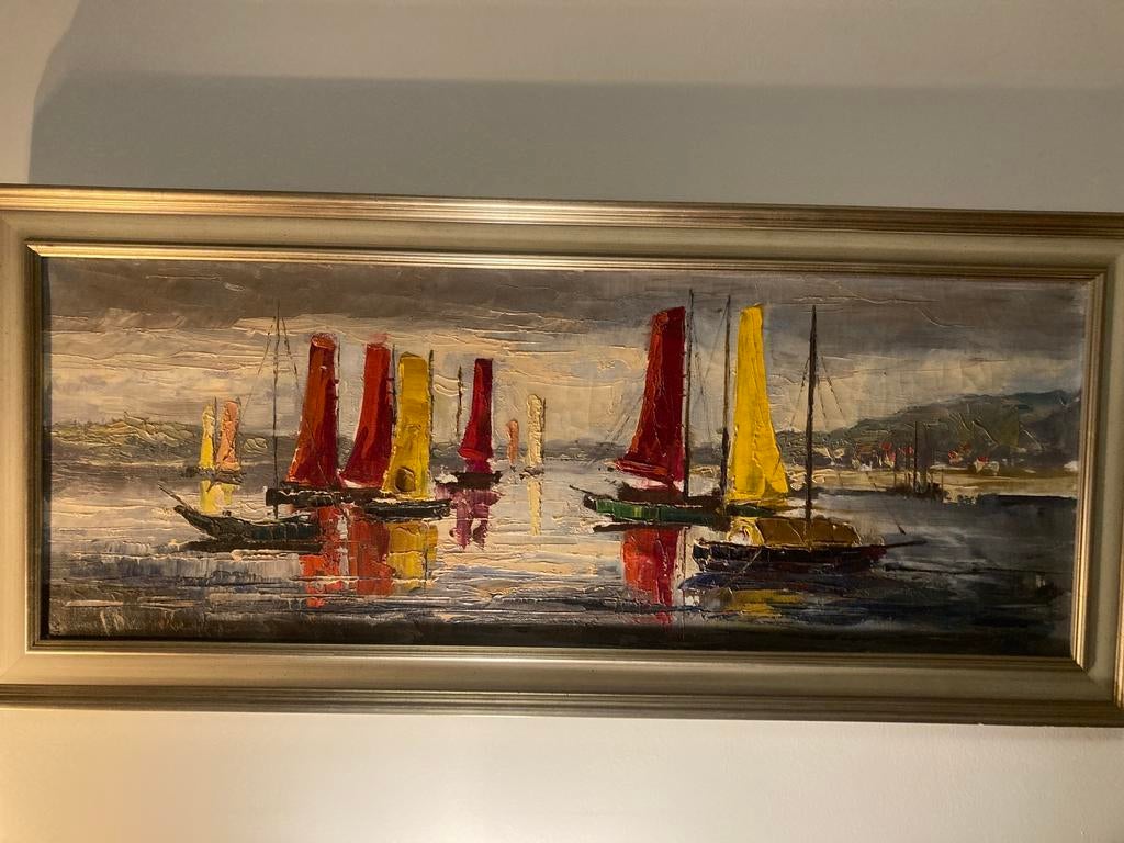 Olieverf schilderij I. deuverden ZeilSchepen jonken op water, Ophalen of Verzenden