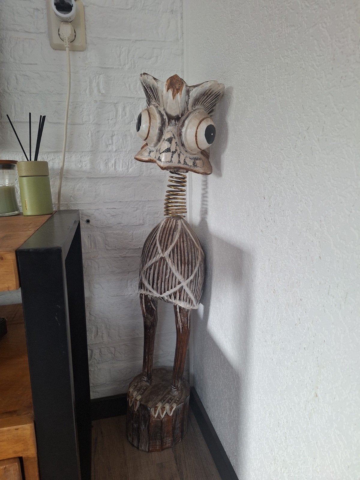 Groot houten Bali Bird vogelbeeld met springveer (+-85 cm), Antiek en Kunst, Ophalen