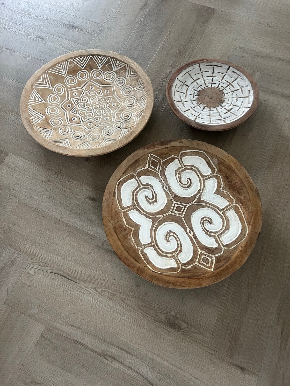Set van 3 decoratieve houten schalen/wanddecoratie, Hout, Meerkleurig, Boho, Ophalen of Verzenden
