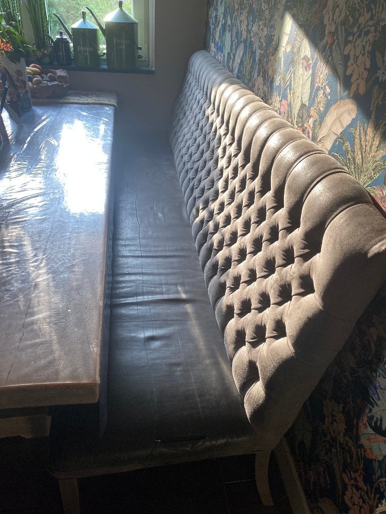 eetkamerbank eetkamer bank 250cm lang grijs gecapitonneerd, Huis en Inrichting, Ophalen, Gebruikt, Overige kleuren, Vier
