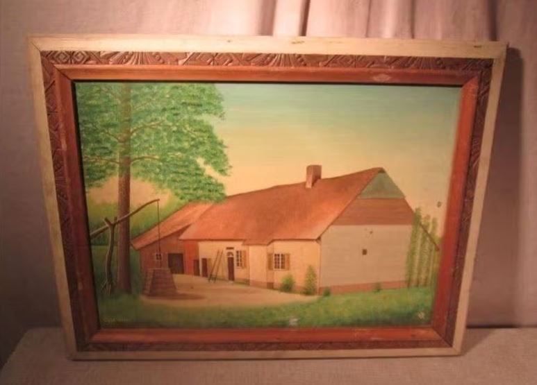Mooi Geschilderd Werk 'Oude Hoeve met Waterput' - VB, Ophalen of Verzenden, Gesigneerd, Olieverf, Paneel