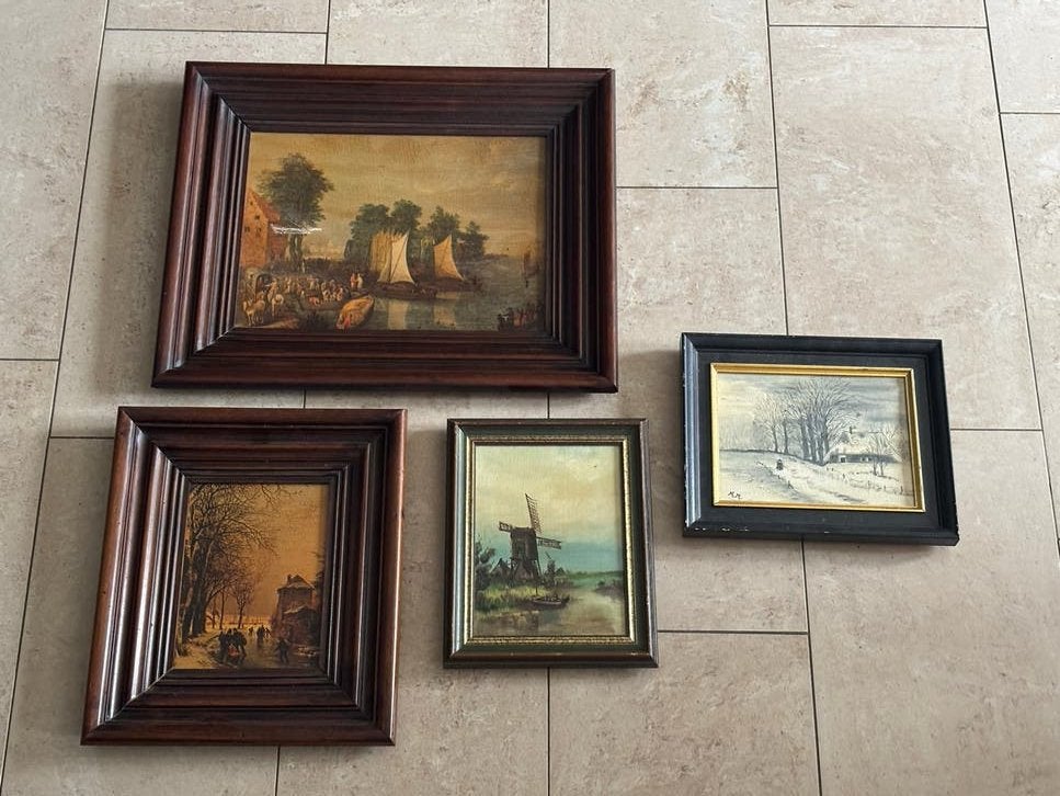 Set van 4 Antieke Schilderijen: Winter, Molens en Haven, Antiek en Kunst, Doek, Ophalen of Verzenden, Landschap, Olieverf